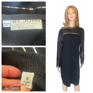 St. John Dress Knit Sequin
Vintage Long Sleeve Art Deco
Black Gold Silver 8